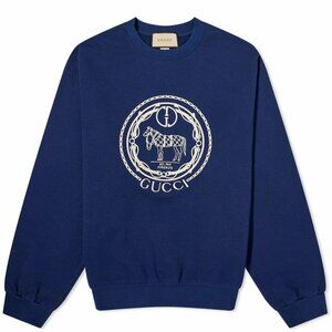 NEW Gucci Men's Navy Blue Horse Parade Logo (2025) Crew Neck Sweatshirt Size S